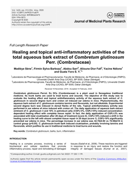 Healing and Topical Anti-Inflammatory Activities of the Total Aqueous Bark Extract of Combretum Glutinosum Perr