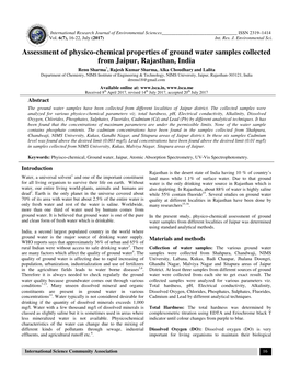 Assessment of Physico-Chemical Proper from Jaipur, Ra Chemical Properties of Ground Water Samples Colle from Jaipur, Rajasthan