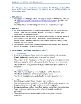 Your APA Paper Should Include Five Major Sections: the Title Page, Abstract, Main Paper, Paper Format and References and Citations