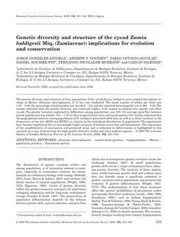 Genetic Diversity and Structure of the Cycad Zamia Loddigesii Miq. (Zamiaceae): Implications for Evolution and Conservation