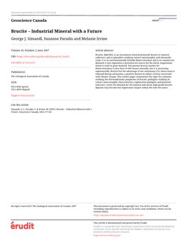 Brucite – Industrial Mineral with a Future George J