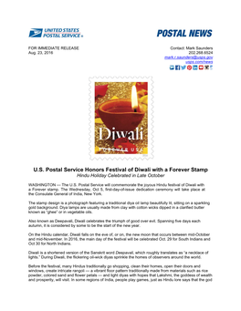 U.S. Postal Service Honors Festival of Diwali with a Forever Stamp Hindu Holiday Celebrated in Late October