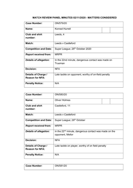 Match Review Panel Minutes 02/11/2020 - Matters Considered