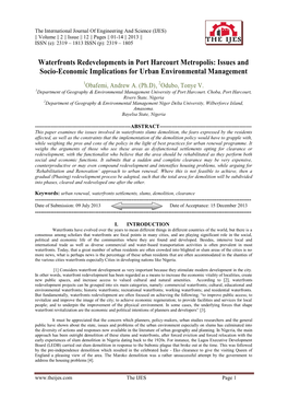 Waterfronts Redevelopments in Port Harcourt Metropolis: Issues and Socio-Economic Implications for Urban Environmental Management