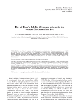 Diet of Risso's Dolphin (Grampus Griseus) in the Western Mediterranean