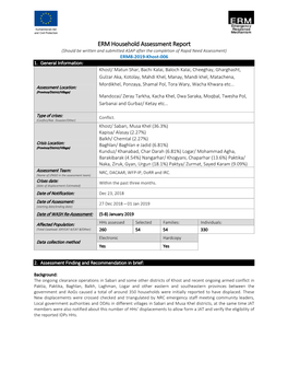 ERM Household Assessment Report (Should Be Written and Submitted ASAP After the Completion of Rapid Need Assessment) ERM8-2019-Khost-006 1