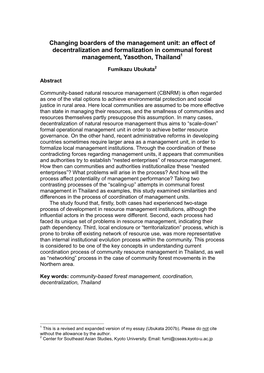 An Effect of Decentralization and Formalization in Communal Forest Management, Yasothon, Thailand 1