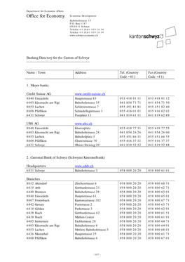 Banking Directory for the Canton of Schwyz Name / Town Address Tel. (Country Code +41) Fa