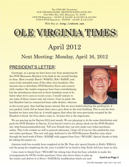 OLE VIRGINIA TIMES April 2012 Next Meeting: Monday, April 16, 2012