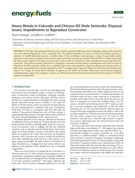 Heavy Metals in Colorado and Chinese Oil Shale Semicoke: Disposal Issues, Impediments to Byproduct Conversion † ‡ Beatriz Datangel and Jillian L