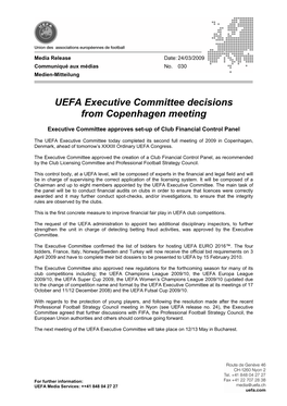 030: UEFA Executive Committee Copenhagen Decisions