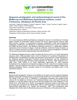 Sequence Stratigraphic and Sedimentological Record of the Mcmurray and Wabiskaw Depositional Systems, Lower Cretaceous, Athabasca Oil Sands Area Yang Peng1, Stephen M