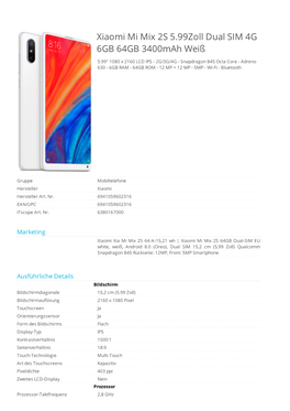Xiaomi Mi Mix 2S 5.99Zoll Dual SIM 4G 6GB 64GB 3400Mah Weiß
