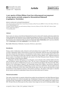 A New Species of Hedya Hübner from Iran with Proposed Rearrangement of Some Species Currently Assigned to Metendothenia Diakonoff (Lepidoptera: Tortricidae)