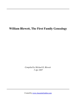 William Blewett, the First Family Genealogy