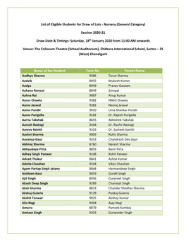 Nursery (General Category) Session 2020-21 Draw Date & Timings