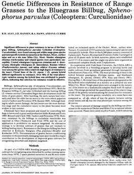 Genetic Differences in Resistance of Range Grasses to the Bluegrass Billbug, Spheno- Phorus Pardus (Coleoptera: Curculionidae)