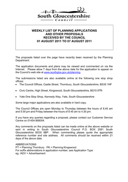 Weekly List of Planning Applications and Other Proposals Received by the Council 01 August 2011 to 07 August 2011