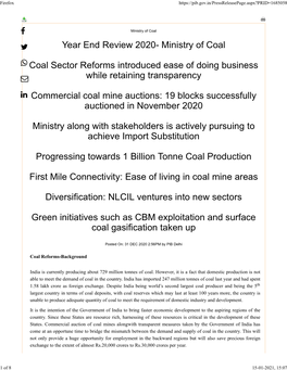 Year End Review 2020- Ministry of Coal Coal Sector Reforms