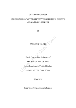 GETTING to CODESA: an Analysis on Why Multiparty Negotiations In