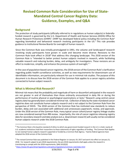 Revised Common Rule Consideration for Use of State- Mandated Central Cancer Registry Data: Guidance, Examples, and Q&A