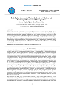 Toxicological Assessment of Barium Carbonate on Behavioral And