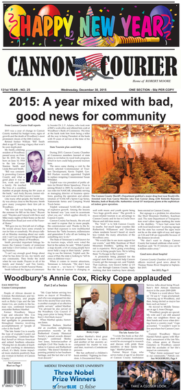 2015: a Year Mixed with Bad, Good News for Community from Cannon Courier Staﬀ Reports Ty Booster Dr