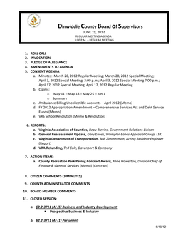 Dinwiddie County Board of Supervisors JUNE 19, 2012 REGULAR MEETING AGENDA 3:00 P.M