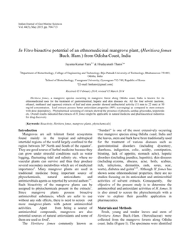 In Vitro Bioactive Potential of an Ethnomedicinal Mangrove Plant, (Heritiera Fomes Buch