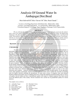 Analysis of Ground Water in Ambajogai.Dist.Beed