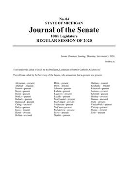 Journal of the Senate 100Th Legislature REGULAR SESSION of 2020