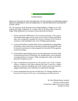 Communique Issued at the End of the 12Th Meeting of The
