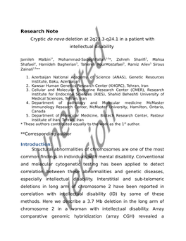 Research Note Cryptic De Novo Deletion at 2Q23.3-Q24.1 in a Patient with Intellectual Disability