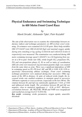 Physical Endurance and Swimming Technique in 400 Metre Front Crawl Race