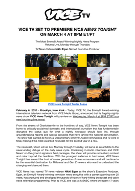 Vice Tv Set to Premiere ​Vice News Tonight on ​March 4