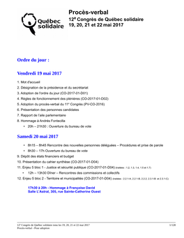 Procès-Verbal E 12 Congrès De Québec Solidaire 19, 20, 21 Et 22 Mai 2017