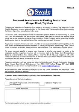 Proposed Amendments to Parking Restrictions Conyer Road, Teynham