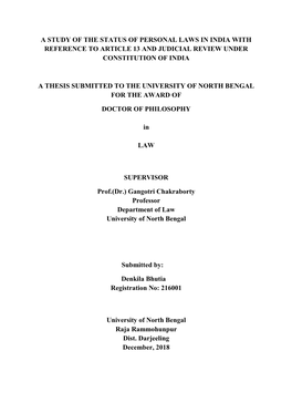 A Study of the Status of Personal Laws in India with Reference to Article 13 and Judicial Review Under Constitution of India