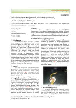 Successful Surgical Management in Rat Snake (Ptyas Mucosa) Anesthetic Agents for Induction and Maintenance of Anesthesia