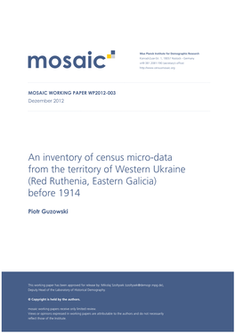 An Inventory of Census Micro-Data from the Territory of Western Ukraine (Red Ruthenia, Eastern Galicia) Before 1914