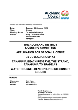 The Auckland District Licensing Committee Application for Special Licence by Joylab Group at Takapuna Beach Reserve, the Stran