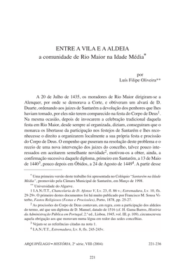 ENTRE a VILA E a ALDEIA a Comunidade De Rio Maior Na Idade Média*
