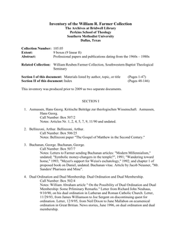 Inventory of the William R. Farmer Collection the Archives at Bridwell Library Perkins School of Theology Southern Methodist University Dallas, Texas