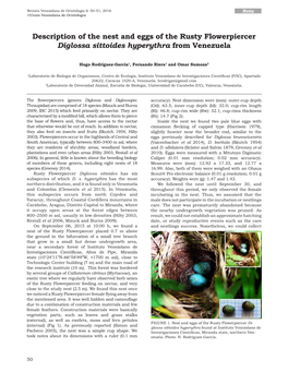 Description of the Nest and Eggs of the Rusty Flowerpiercer Diglossa Sittoides Hyperythra from Venezuela