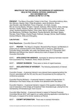 Minutes of the Council of the Borough of Harrogate Held in the Council Offices, Harrogate on 5 December 2007 (From 5.30 Pm to 7.37 Pm)