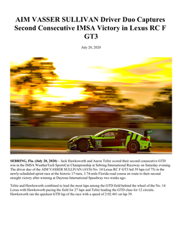 AIM VASSER SULLIVAN Driver Duo Captures Second Consecutive IMSA Victory in Lexus RC F GT3