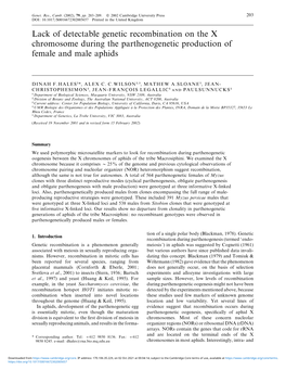 Lack of Detectable Genetic Recombination on the X Chromosome During the Parthenogenetic Production of Female and Male Aphids