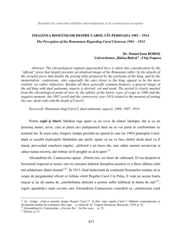 IMAGINEA ROMÂNILOR DESPRE CAROL I ÎN PERIOADA 1903 Ŕ 1914 the Perception of the Romanians Regarding Carol I Between 1903 – 1914