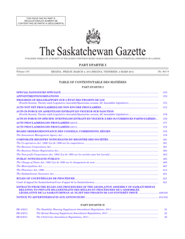 THE SASKATCHEWAN GAZETTE, March 4, 2011 369 (REGULATIONS)/CE NUMÉRO NE CONTIENT PAS DE PARTIE III (RÈGLEMENTS)