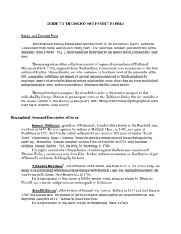 GUIDE to the DICKINSON FAMILY PAPERS Scope and Content Note the Dickinson Family Papers Have Been Received by the Pocumtuck Vall